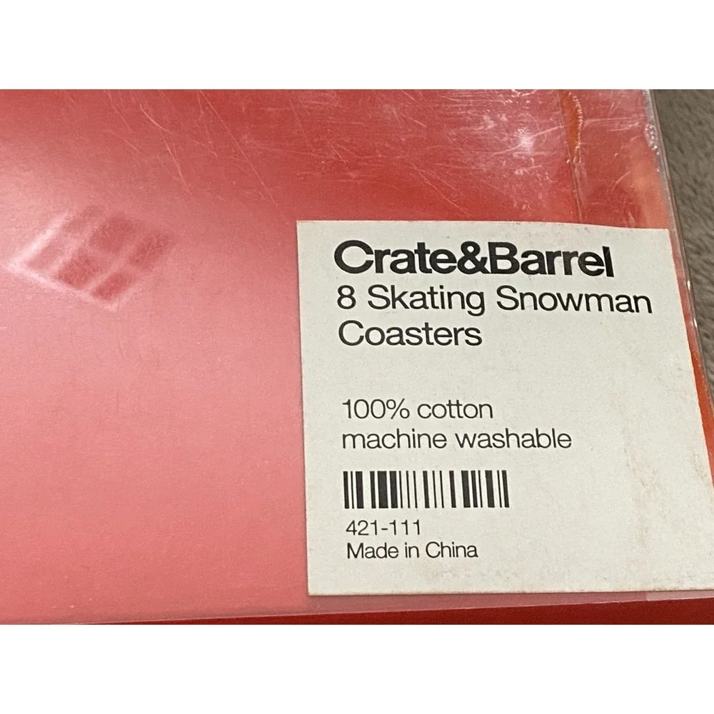 Crate & Barrel ~ 8 Embroidered Christmas Skating Snowman Cotton Coasters ~ New